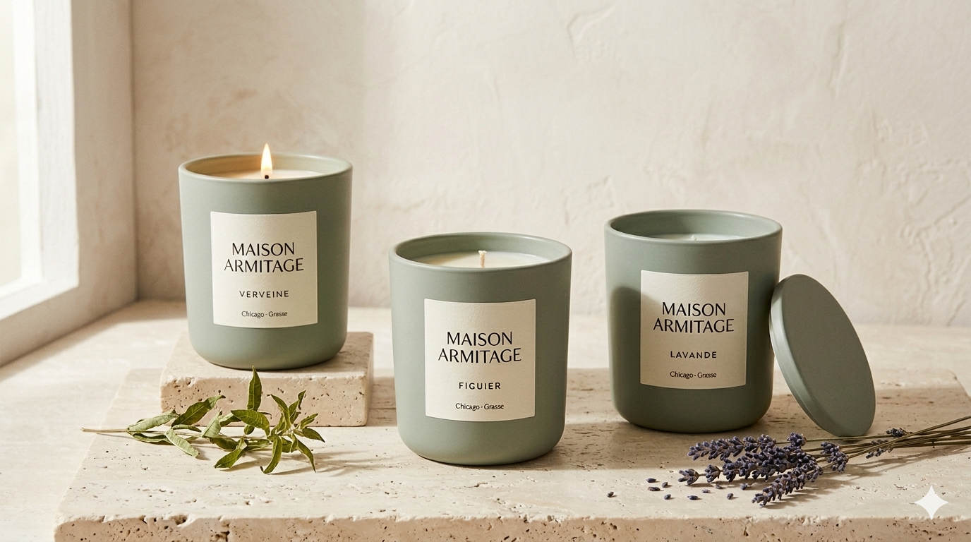 Maison Armitage hand-poured soy candles in matte sage vessels